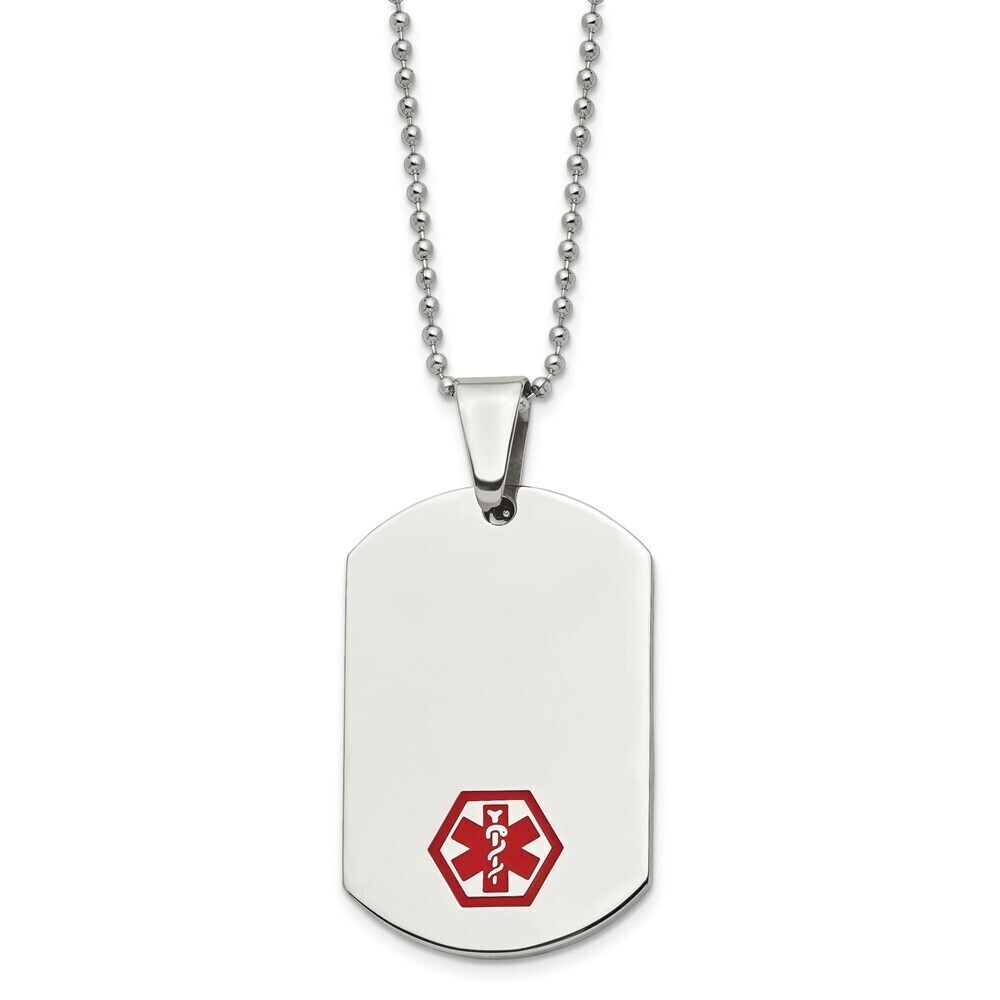 Kazi Luxury Steel Red Enamel Medical ID Dog Tag on a 24in Ball Chain Necklace